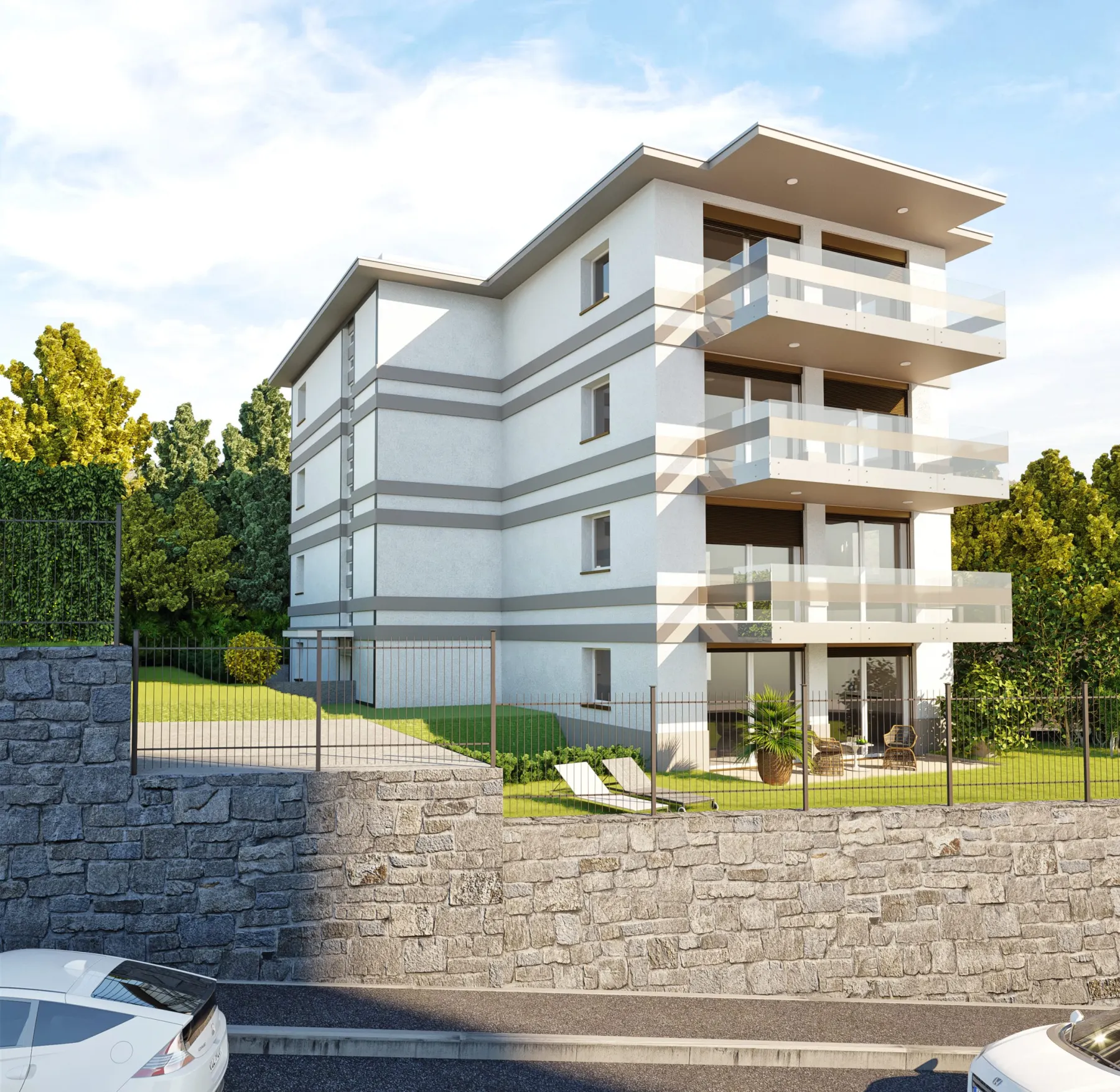 Visualizzazione di progetto di una palazzina residenziale con balconi